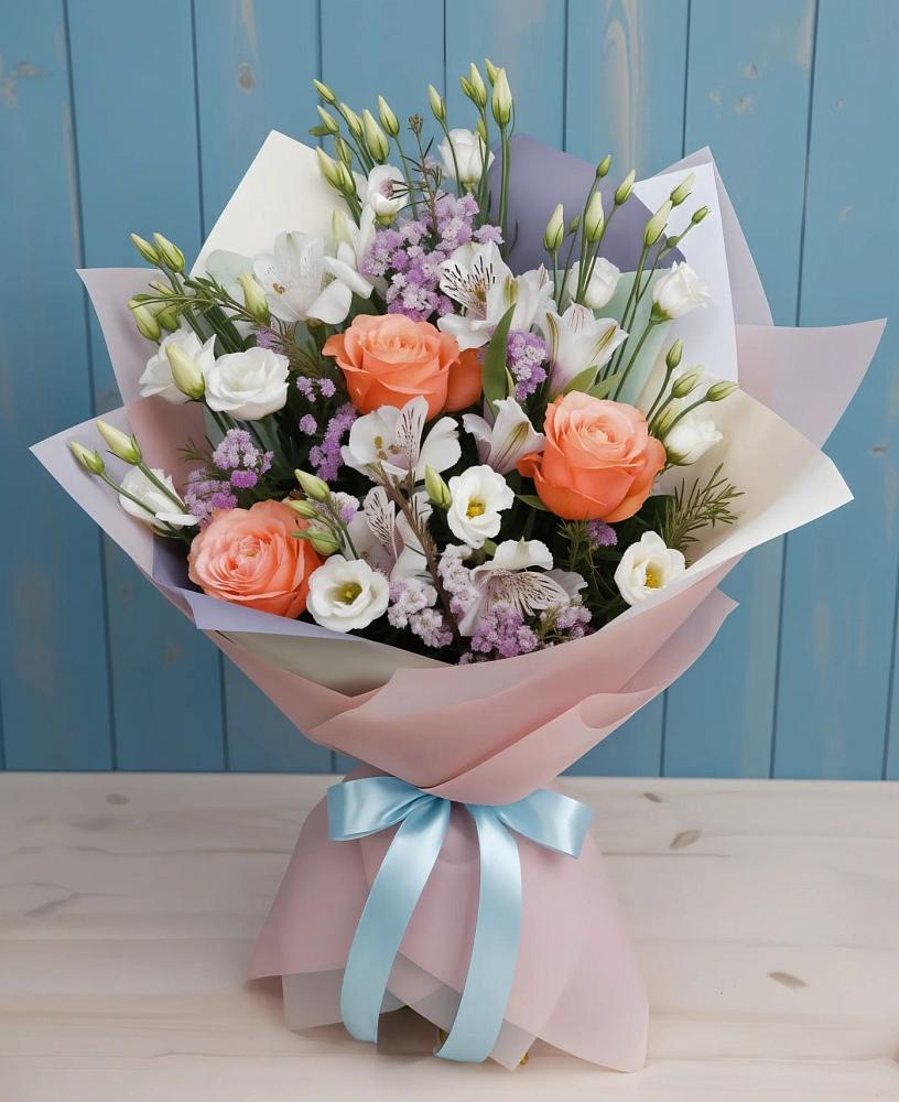 Букет цветов из: Лизиантусы, Розы, Альстромерии и Гипсофила в Улётах