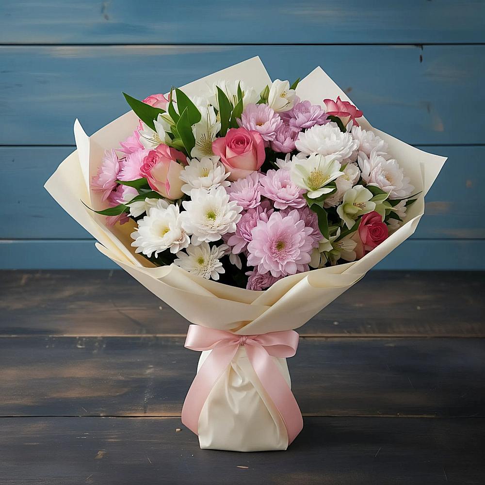 Букет цветов из: Хризантемы, Альстромерии и Розы в Улётах